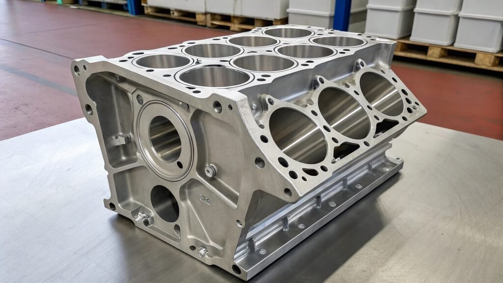 alt with keywords: an aluminum aero engine cylinder block, perhaps with visible cooling fins for an air-cooled engine